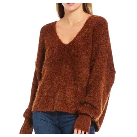 Free People Icing Pullover Sweater S Brown V Neck Eyelash Knit Fluffy Slouchy - Picture 1 of 16